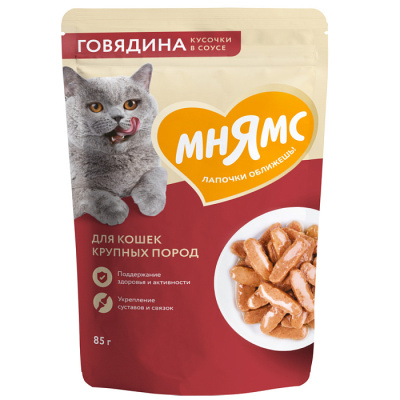 Корм МНЯМС влажный в соусе с говядиной для крупных кошек 85г