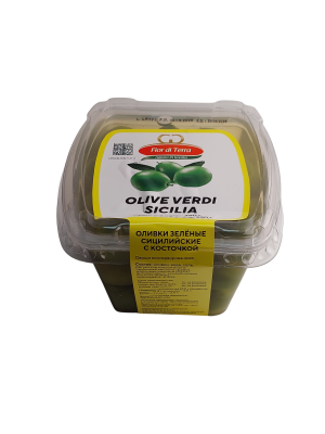 Оливки ФИОР ДИ ТЕРРА Сицилийские зелёные с косточкой 480г пластик