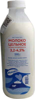 Молоко цельное пастеризованное 3,2-4,5% ™Межозёрка 1000г. пэт