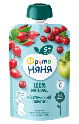 Пюре ФрутоНяня яблоко, шиповник, клюква с 5 мес. 90г дой-пак