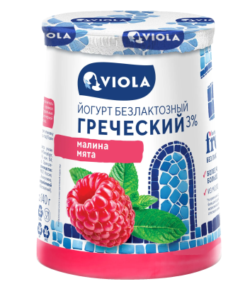 Йогурт ВИОЛА Греческий Фри с малиной и мятой безлактозный 3% 140г