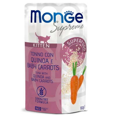 Корм МОНГЕ Suprem kitten Влажный для котят из тунца с киноа и мини-морковью 80г паучи